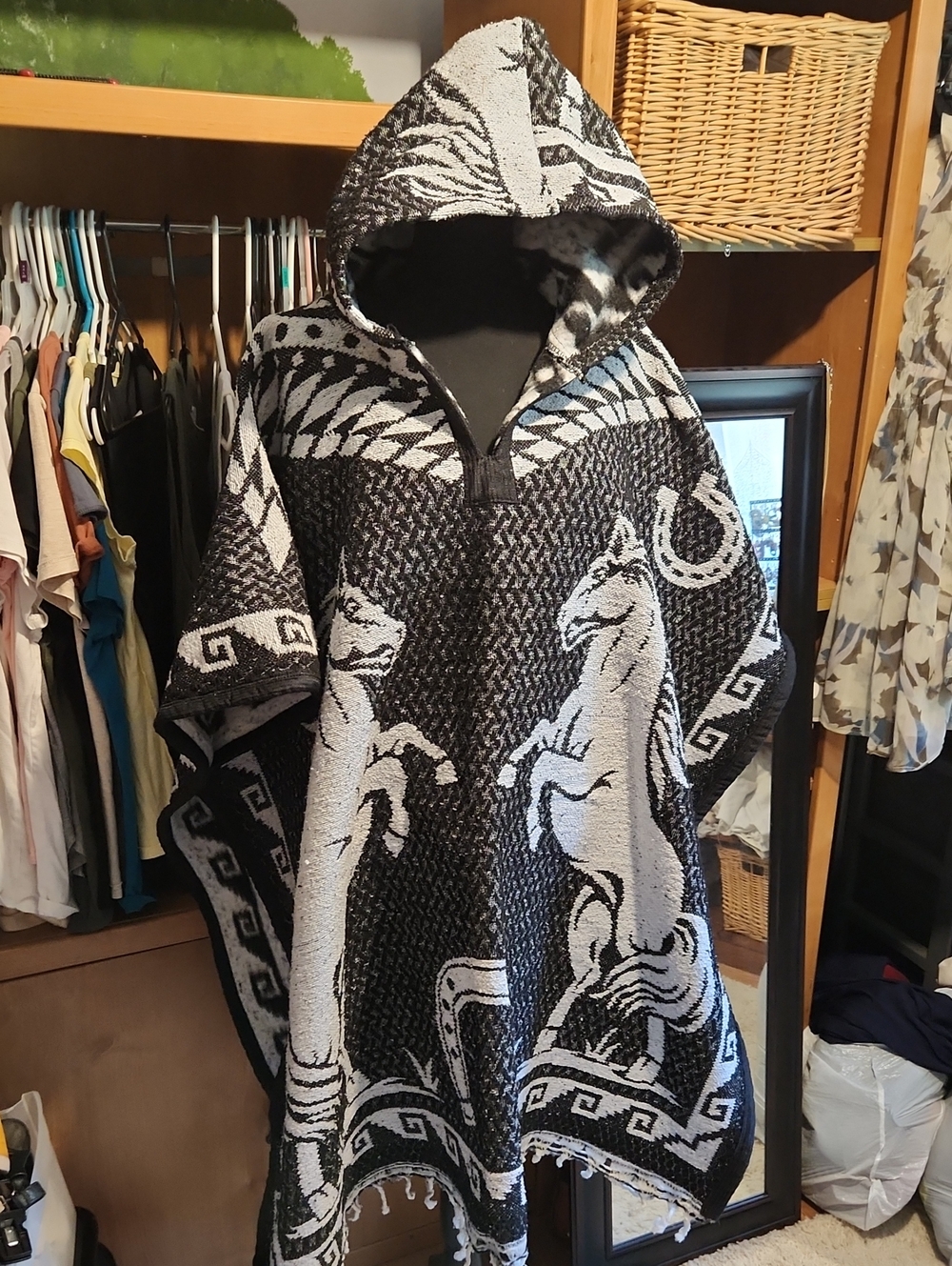 Black & White Horse Hooded Poncho
